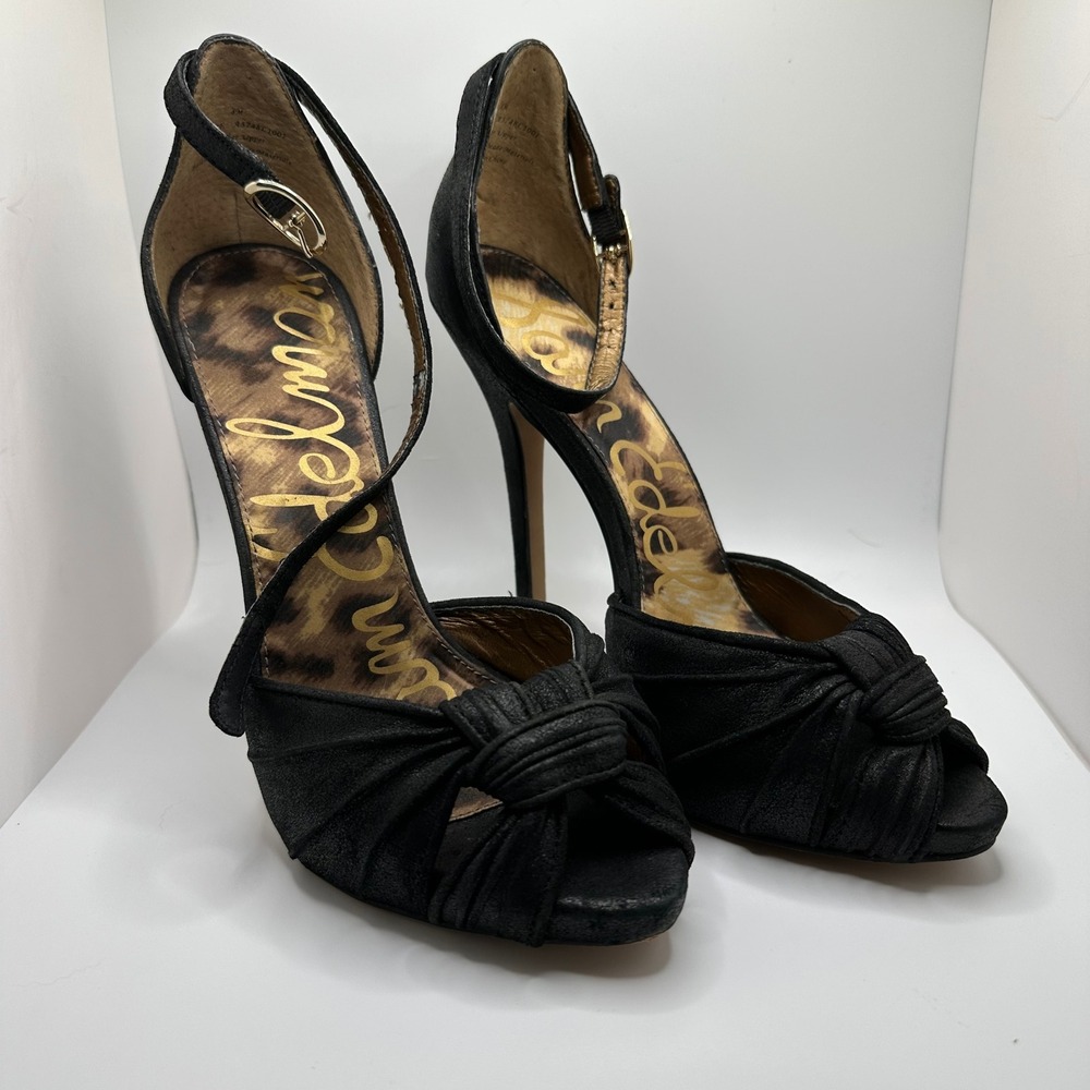 Sam Edelman Black Knotted Peep Toe Ankle Strap Stiletto Heels Leopard Insole 7M